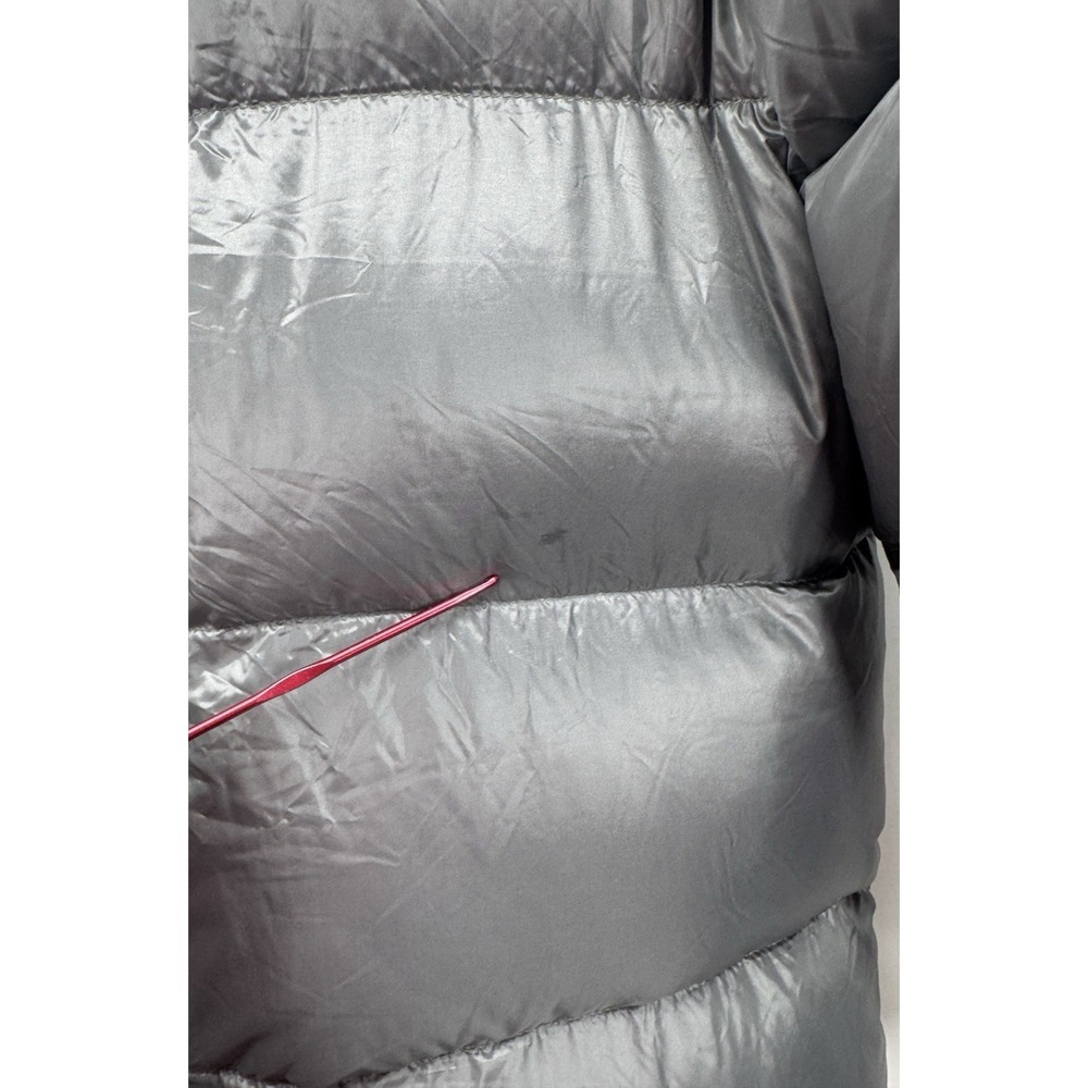 Women XL Metallic Gray Puffer Down Coat Hooded Jacket Mid Length Pockets Winter - Picture 14 of 16